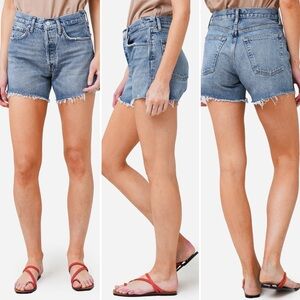 NWOT Agolde Parker Long Denim Jean Shorts Wheel Wash Cut Off Button Fly